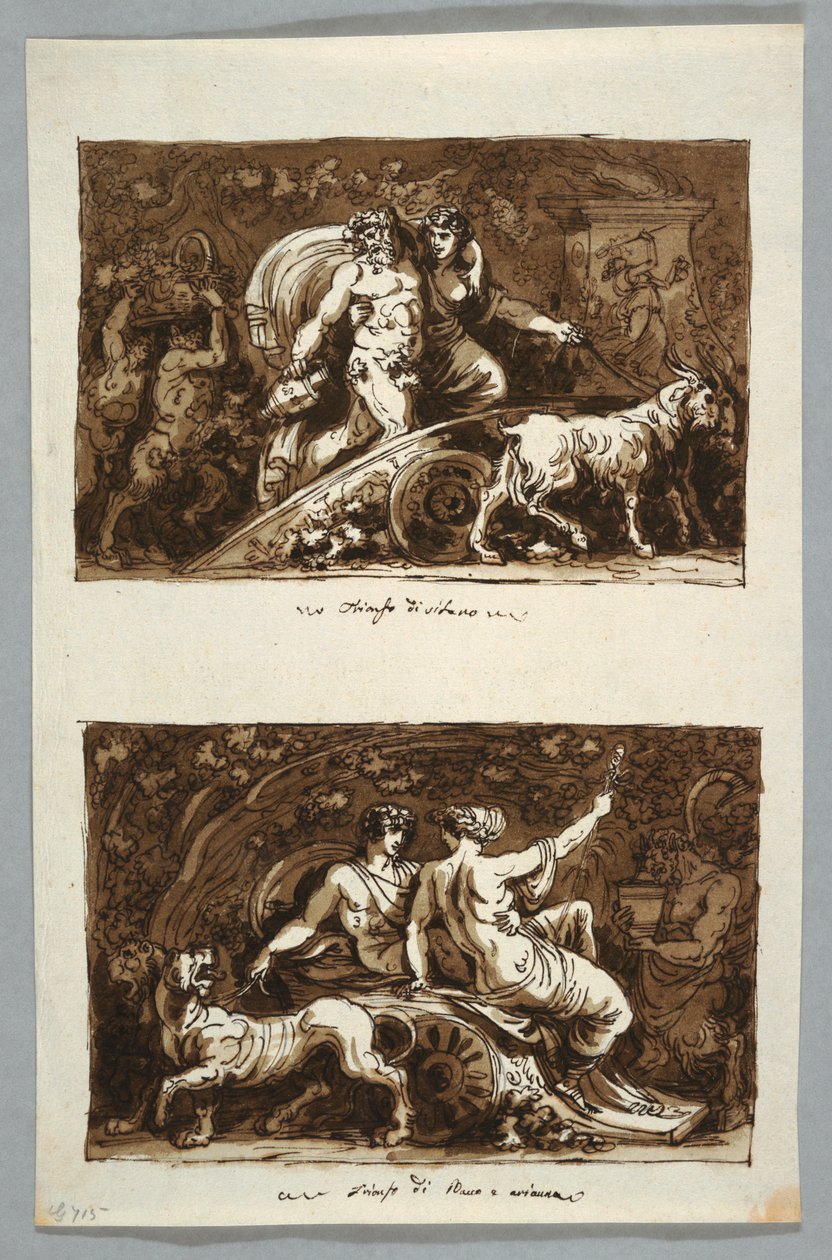 Piirustus, Sheet from a Sketchbook: Silenuksen riemuvoitto ja Bacchuksen ja Ariadnen riemuvoitto, 1800-1802. tekijältä Felice Giani