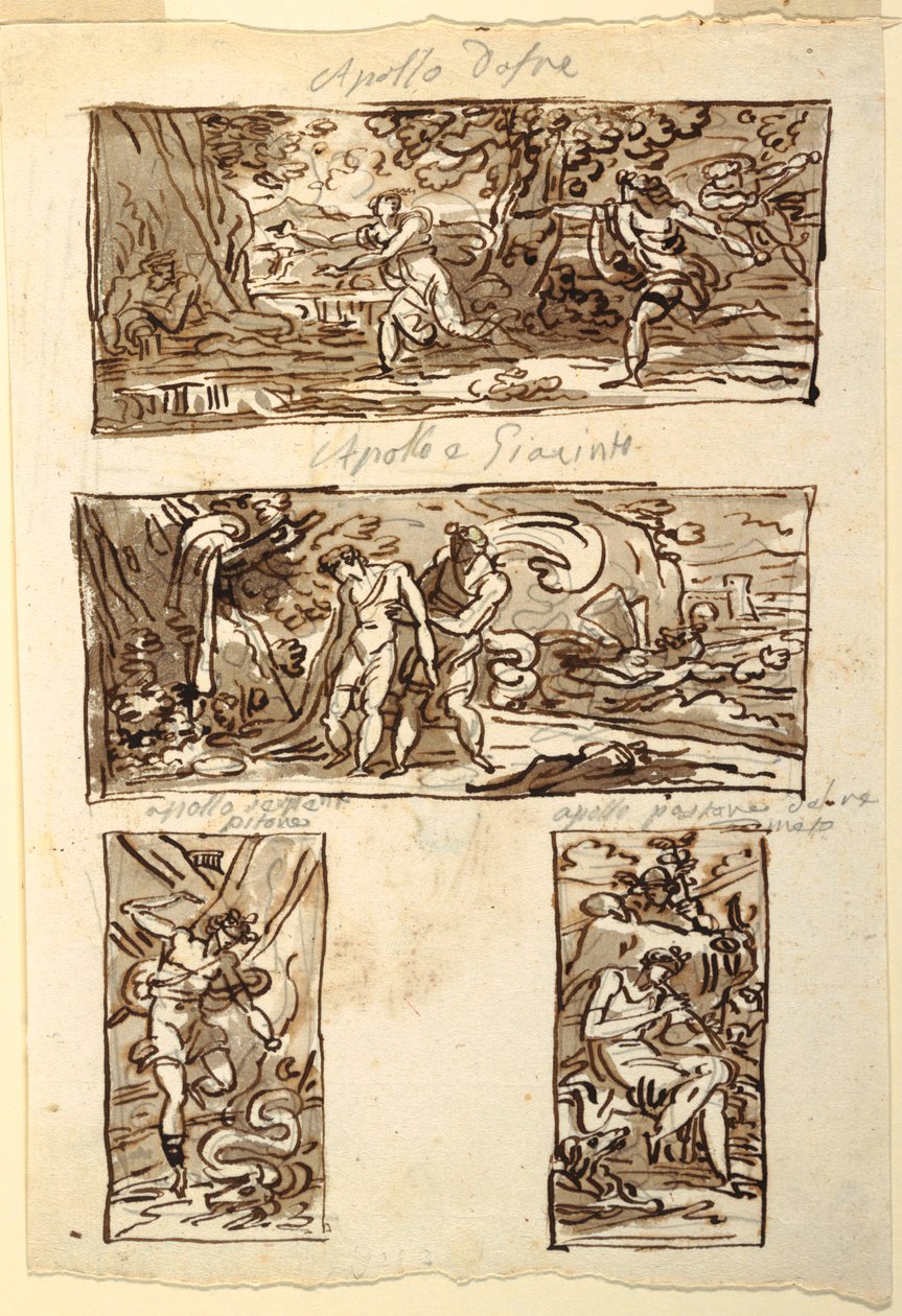 Neljä piirustusta Apollon myytistä; Seinän koristelu mantelin yli, Sala di Apollo, Palazzo Cavina, Faenza tekijältä Felice Giani