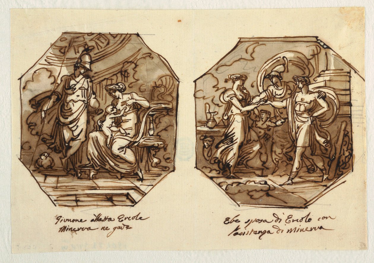 Juno Suckling Hercules, Hebe menee naimisiin Herculesin kanssa Minervan avulla, Suunniteltu Sala di Ercole e Ebelle, Palazzo Gaddi, Forli. tekijältä Felice Giani