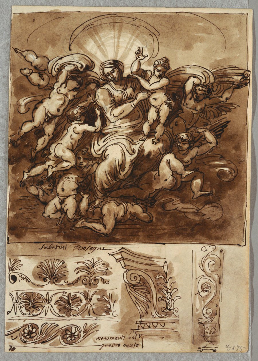 Madonna in Glory, Study after Bartolomeo Passeroti Bologna; Arkkitehtoniset yksityiskohdat tekijältä Felice Giani