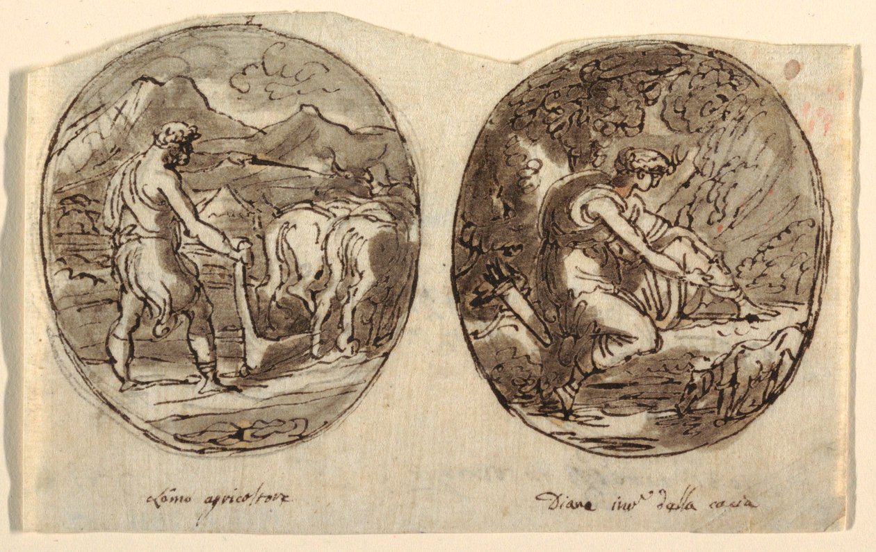 Man the Farmer, Diana the Goddes of the Hunt, Design for holvikatot, Sala dei Legislatori, Palazzo Conti-Sinibaldi, Faenza tekijältä Felice Giani