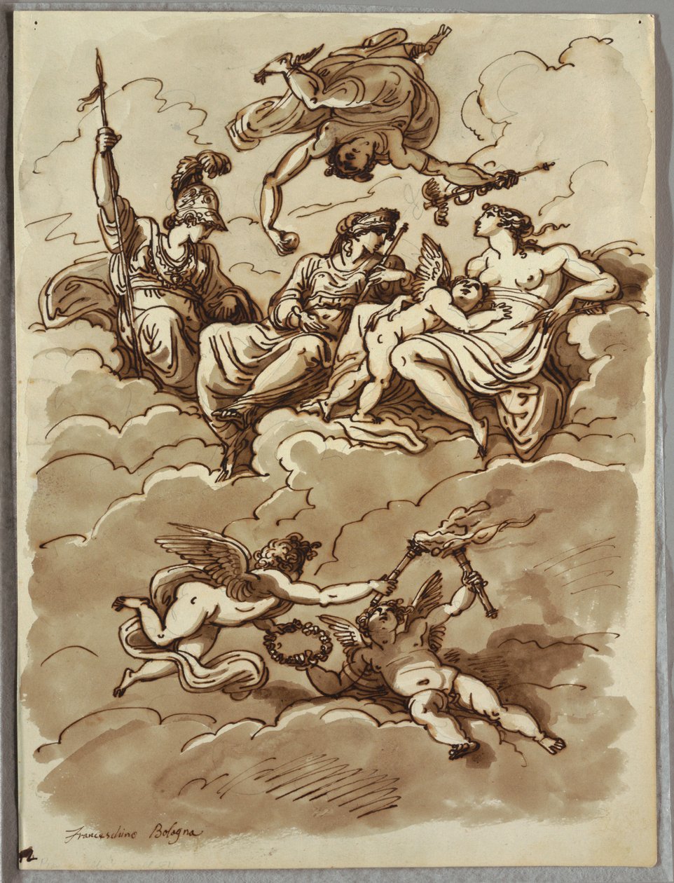 Minerva, Merkurius, Juno ja Venus pilvissä, tutkimus Marcantonio Franceschinin jälkeen tekijältä Felice Giani
