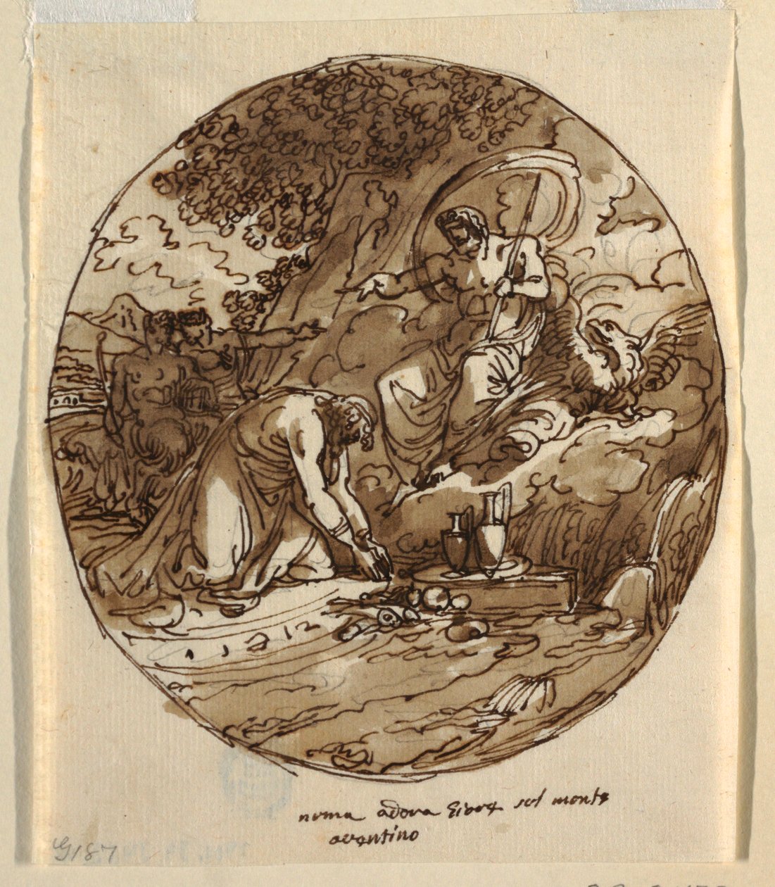 Numa Pompilius palvomassa Jovea Aventinuksella, kattosuunnittelu Sala di Numa Pompiliukselle, Palazzo Milzetti, Faenza tekijältä Felice Giani