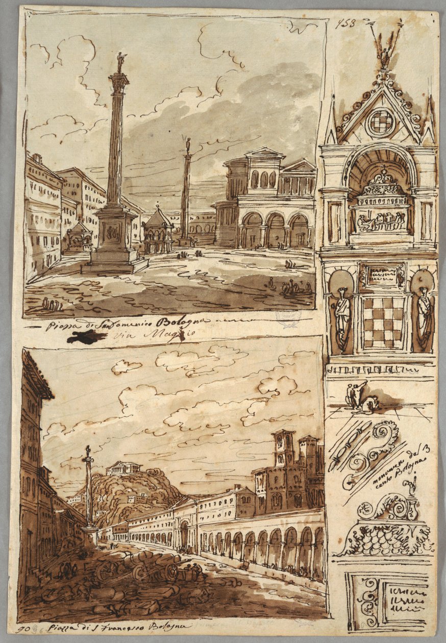 Piazza San Domenico Bolognassa; Piazza San Francesco ja Villa Aldini Bolognassa; Tutkimus Glossatorin haudasta tekijältä Felice Giani