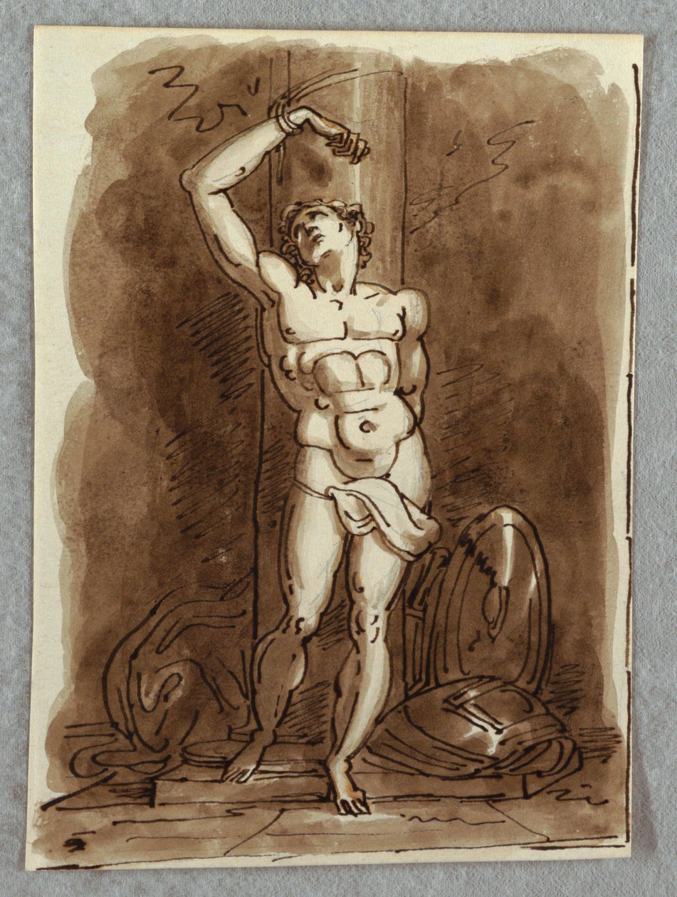 Saint Sebastian, Yksityiskohta Polyptichista, jossa Neitsyt istuu, tutkimus Dosso Dossin mukaan tekijältä Felice Giani