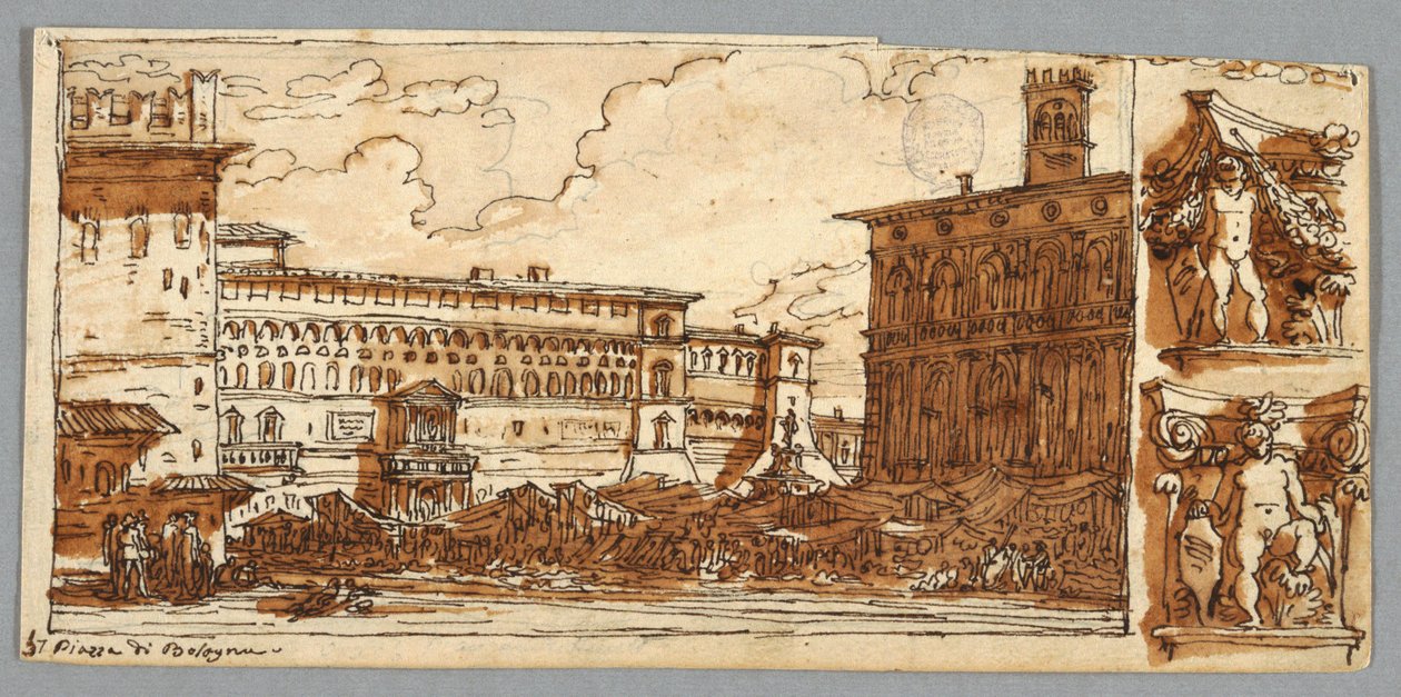 Sketchbook Page, Folio 57: Tutkimus Piazza Emmanuellen jälkeen Bolognassa; Verso, arkkitehtoninen yksityiskohta tekijältä Felice Giani