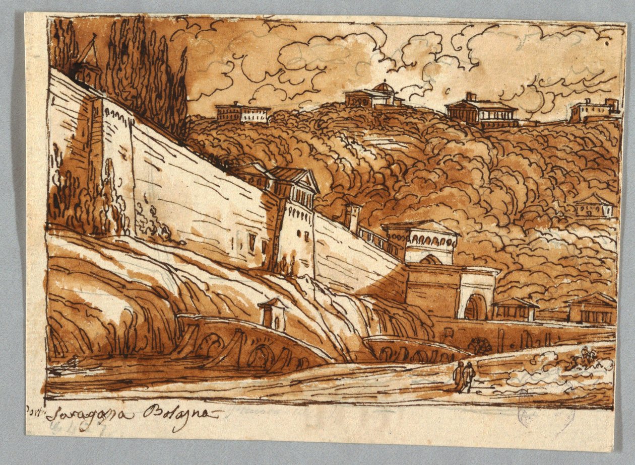 Luonnoskirjasivu, Folio 57: Tutkimus Porta di Saragossan jälkeen Bolognassa; Verso, arkkitehtoniset yksityiskohdat tekijältä Felice Giani