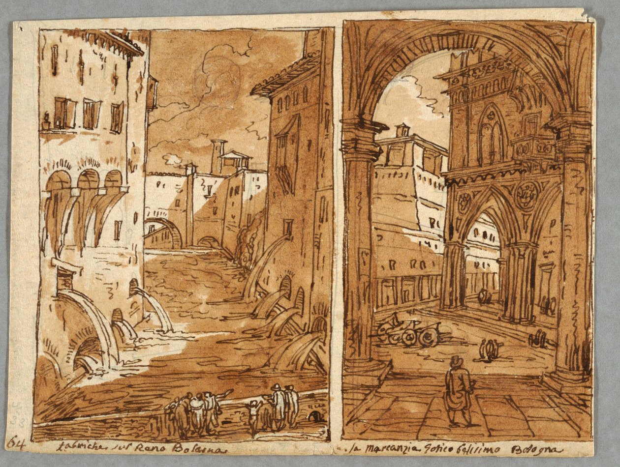 Sketchbook Page, Folio 64: Study after Bolognese Architecture and Sculpture; Verso: Geometriset mallit tekijältä Felice Giani
