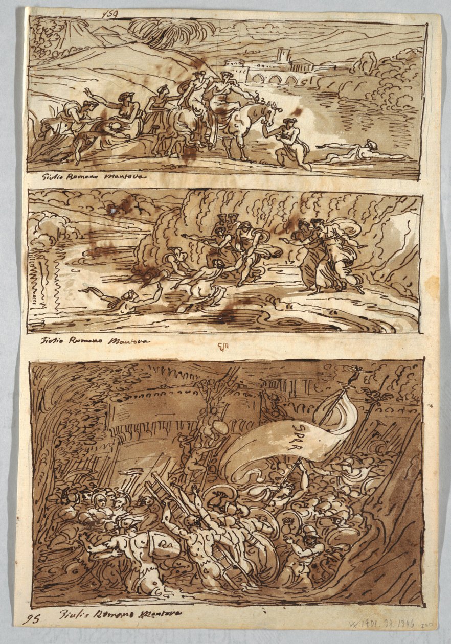 Luonnoskirjasivu, Folio 95: Kolme maalausta Giulio Romanon jälkeen; Verso: Leijona ja kotka tekijältä Felice Giani
