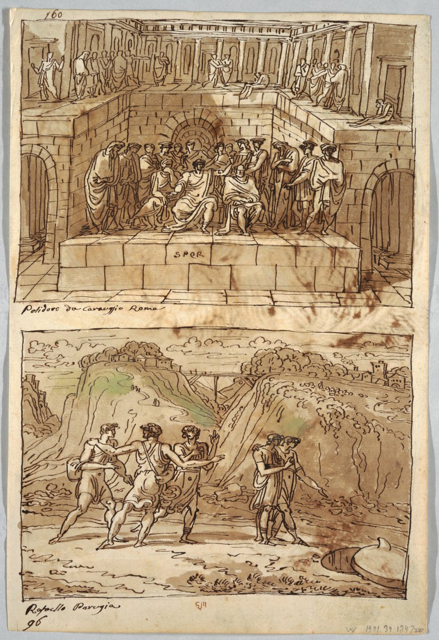 Luonnoskirjasivu, Folio 98: Kaksi maalausta Caravaggion ja Raphaelin jälkeen; Verso: Eagle and Ox tekijältä Felice Giani
