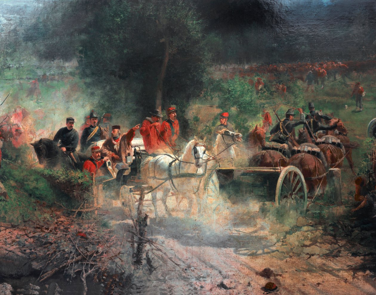 Kolmas Italian itsenäisyyssota: "" Bezzeccan taistelu"" 21.7.1866 se vastusti Giuseppe Garibaldin metsästäjien ruumista Itävallan armeijaa vastaan. Yksityiskohta. Felice Zennaron (1833-1926) maalaus Milano, Risorgimenton museo tekijältä Felice Zennaro