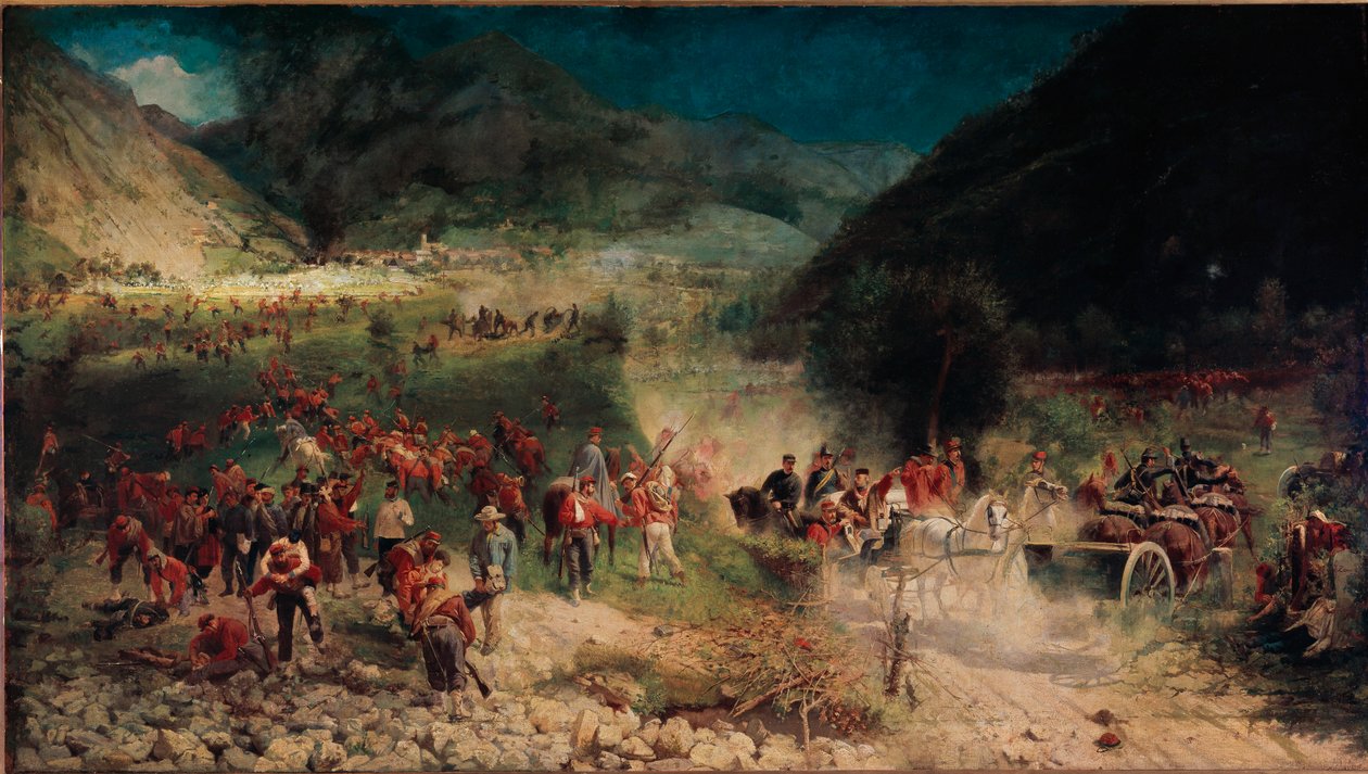 Kolmas Italian itsenäisyyssota: "" Bezzeccan taistelu"" 21.7.1866 se vastusti Giuseppe Garibaldin metsästäjien ruumista Itävallan armeijaa vastaan. Felice Zennaron (1833-1926) maalaus Milano, Risorgimenton museo tekijältä Felice Zennaro