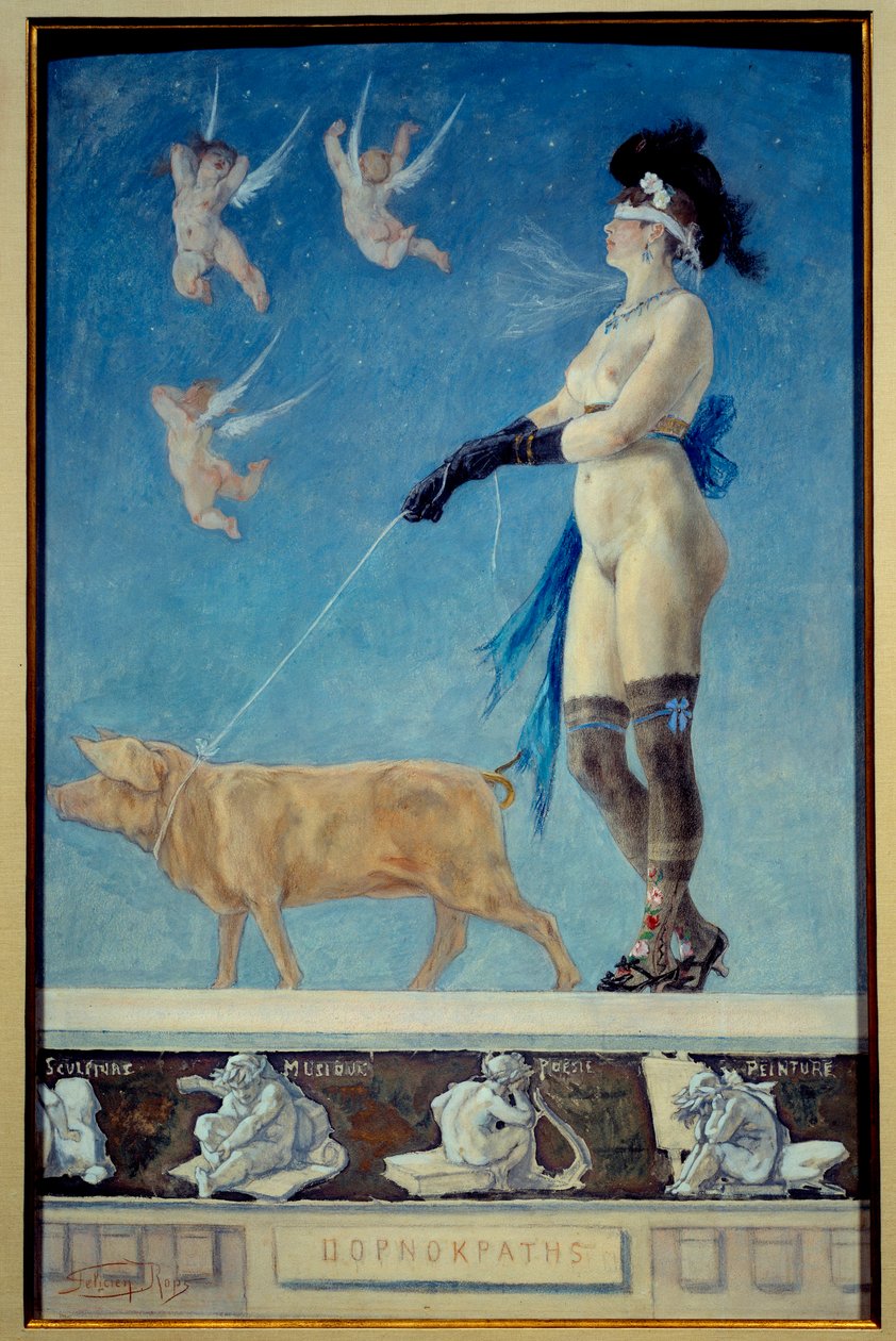 Pornokrates. Alastomaa naista sukkahousuissa, sidottu silmät, vetää sika, jota hän pitää hihnassa - Pornografinen maalaus Felicien Rops (1833-1898) Ec Belg tekijältä Félicien Rops