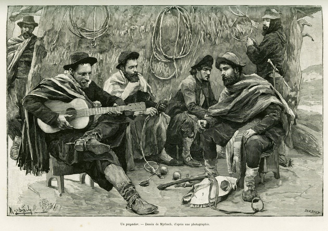 Payador, kaksintaistelu kävelevien laulajien säkeissä. Myrbachin kaiverrus havainnollistamaan tarinaa Voyage a la Plata, vuonna 1886, kirjoittanut Emile Daireaux, in le tour du monde 1888, ohjannut Edouard Charton (1807-1890), Hachette, Pariisi. tekijältä Felicien baron de Myrbach Rheinfeld