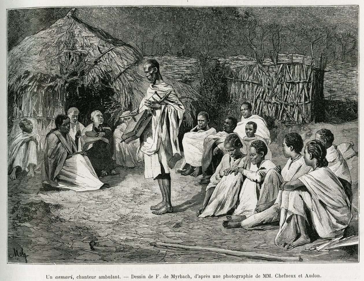 Asmari, kävelevä laulaja. F. De Myrbachin kaiverrus valokuvan jälkeen havainnollistamaan Henry Audonin tarinaa Voyage au Choa (Abyssinie meridionale), vuosina 1884-1888, in le tour du monde 1889, ohjaaja Edouard Charton (1807-1890), Hachette , Pariisi. tekijältä Felicien baron de Myrbach Rheinfeld