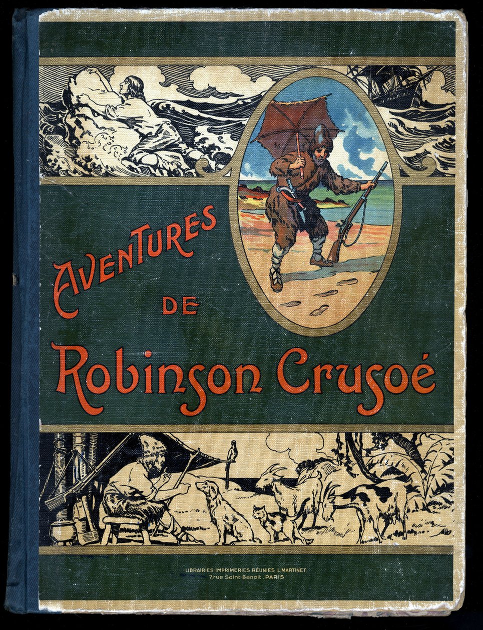 Kirjan kansi Robinson Crusoe: Felician MYRBACH MYRBACH RHEINFELD (1853-1940) kuvitus Daniel Defoen (De foe) Robinson Crusoen kirjalle. Bibliotheque de la Jeunesse et de l
