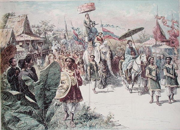 Hanoin kuvernöörin saattue, n. 1870-80 (värilitografia). tekijältä Felicien baron de Myrbach Rheinfeld