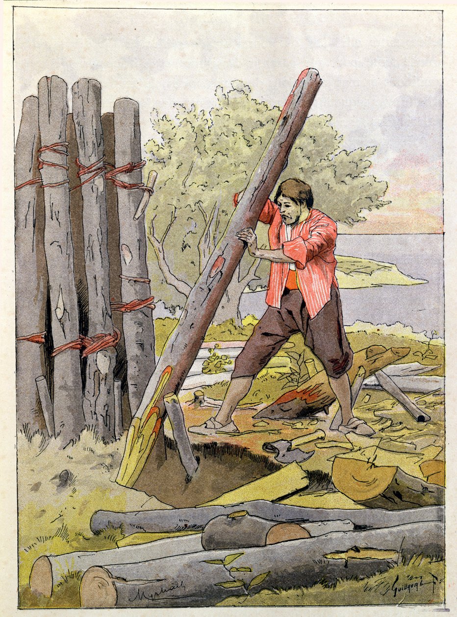 Robinson Crusoe rakentamassa ensimmäistä asuntoaan, 1930 tekijältä Felicien baron de Myrbach Rheinfeld