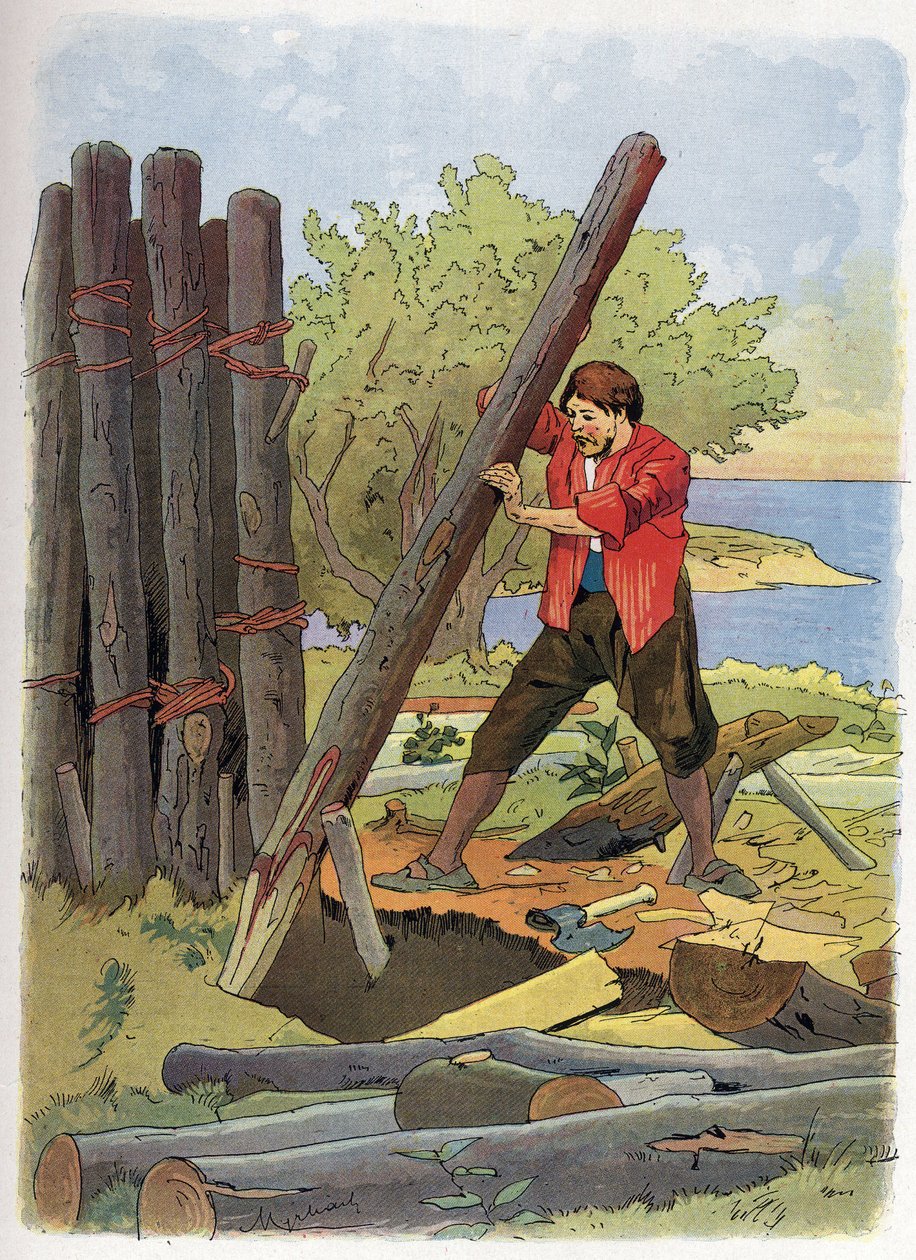 Robinson Crusoe rakensi ensimmäisen kotinsa. tekijältä Felicien baron de Myrbach Rheinfeld