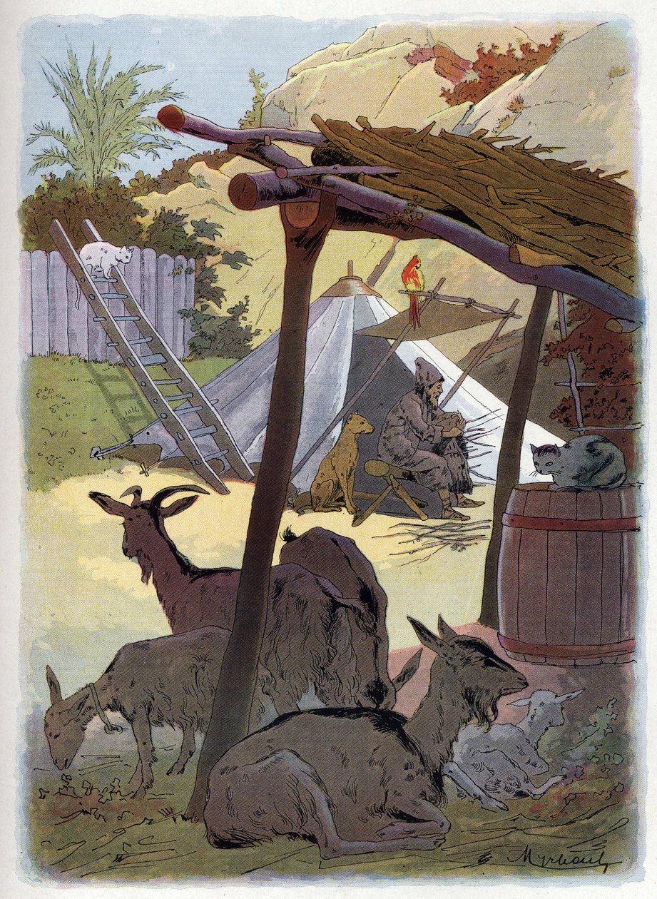 Robinson Crusoe kotiin eläintensä kanssa. tekijältä Felicien baron de Myrbach Rheinfeld