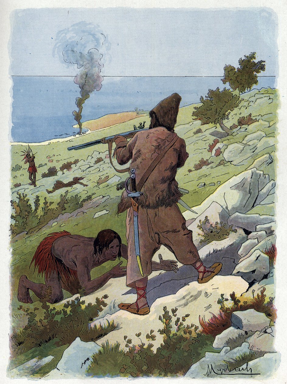 Robinson Crusoe tappaa villit, jotka jahtaavat perjantaita. tekijältä Felicien baron de Myrbach Rheinfeld