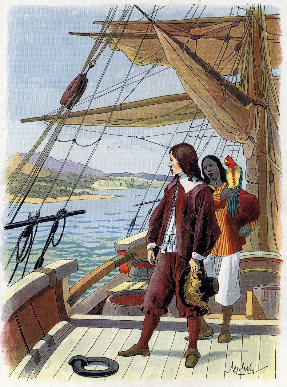 Robinson Crusoe jättää saarensa - kuvitus Felician MYRBACH MYRBACH RHEINFELD (1853-1940) Daniel Defoen kirjaan (De foe) Robinson Crusoe. Ei päivämäärää. Noin 1934 tekijältä Felicien baron de Myrbach Rheinfeld