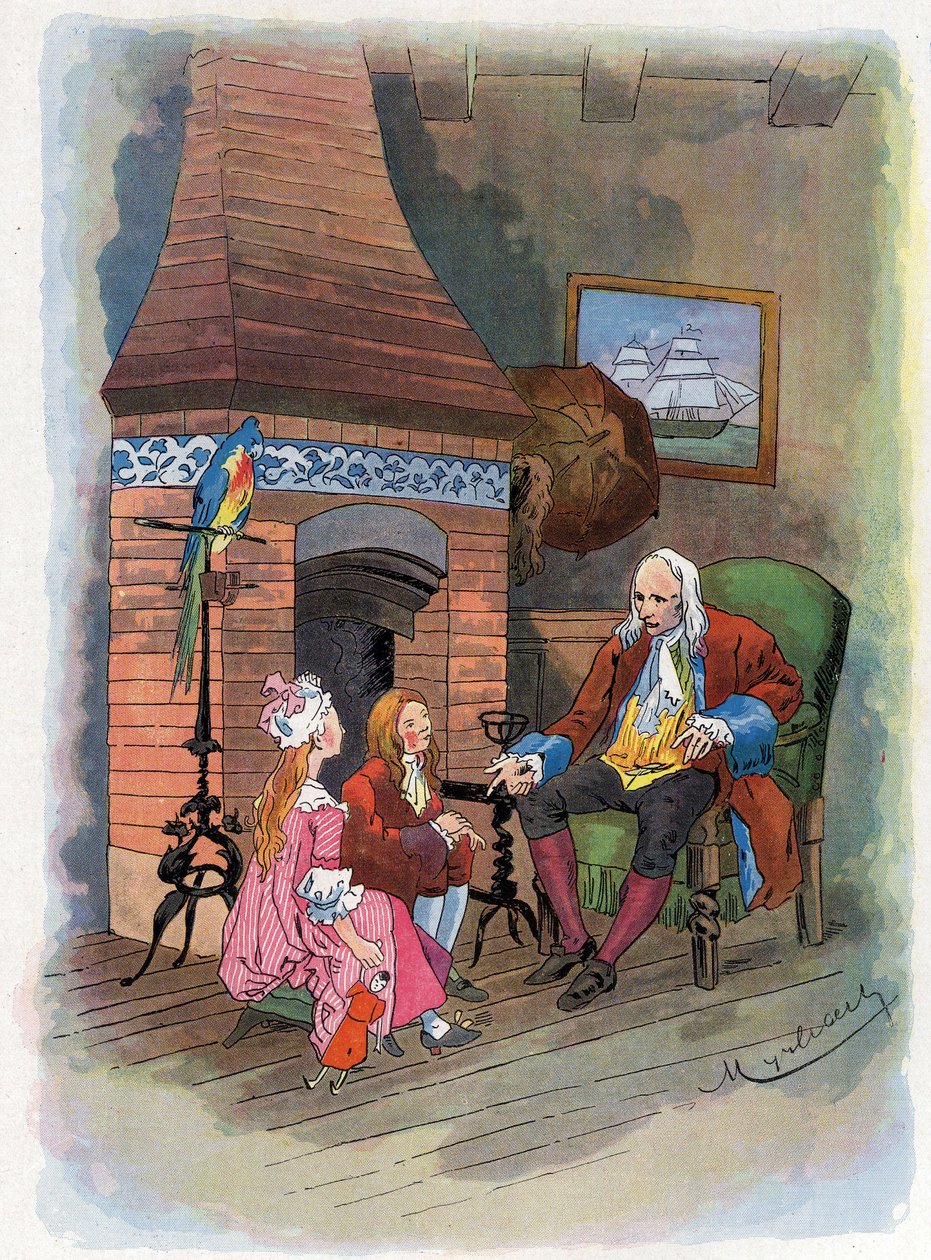 Robinson Crusoe kertoo lapsilleen seikkailuistaan. Kuvitus Felician MYRBACH MYRBACH RHEINFELD (1853-1940) Daniel Defoen (De foe) Robinson Crusoen kirjaan. Ei päivämäärää. Noin 1934 tekijältä Felicien baron de Myrbach Rheinfeld