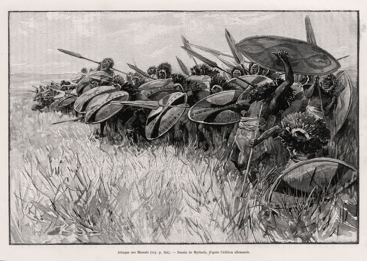 Massaisin hyökkäys. Myrbachin kaiverrus havainnollistamaan tohtori Petersin (1856-1918) tarinaa "Au secours d