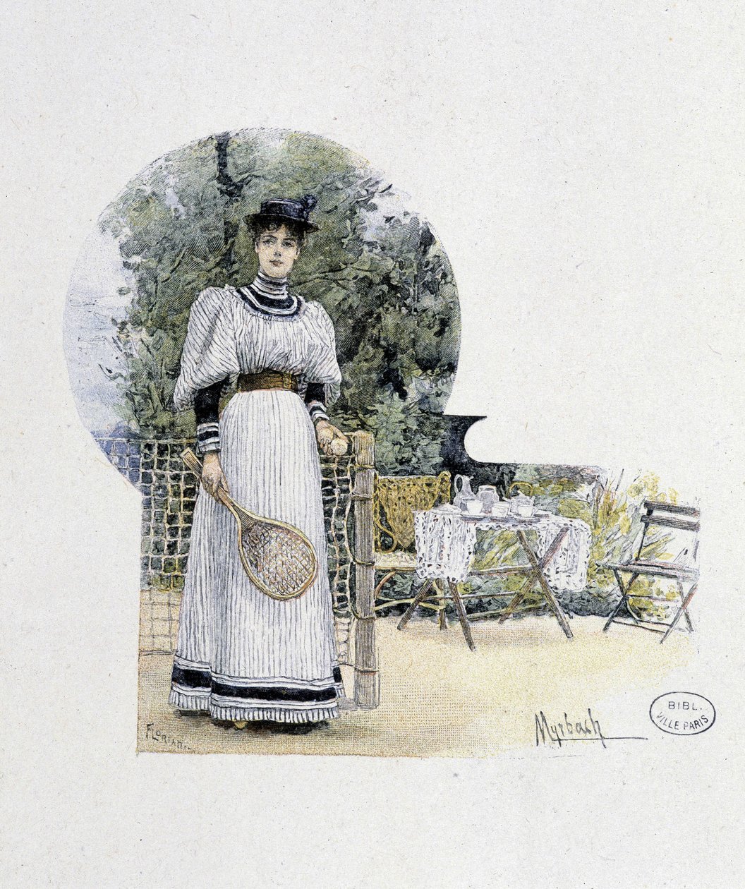Nuori nainen tenniskentällä - kaiverrus, 1800-luvun loppu tekijältä Felicien baron de Myrbach Rheinfeld
