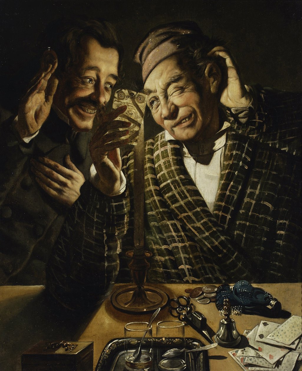 Candlelight Players - Gamblers kynttilänvalossa, Peczarski, Feliks (1804-1862). Öljy kankaalle, koko: 75,5x62 tekijältä Feliks Peczarski
