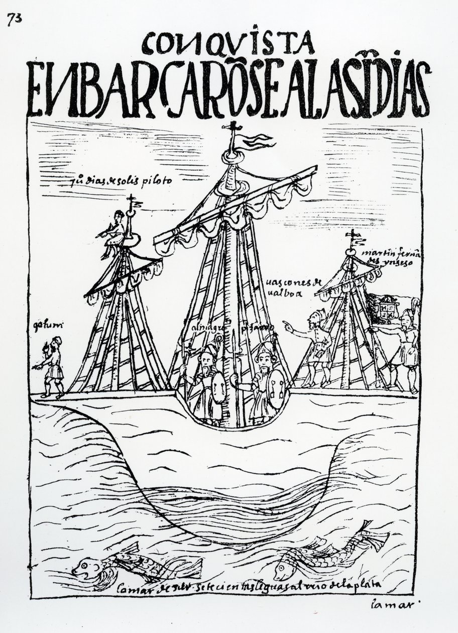 Christopher Columbuksen, Juan Diaz de Solisin, Diego de Almagron, Francisco Pizarron, Vasco Nunez de Balboan ja Martin Fernandez de Encison matka uuteen maailmaan tekijältä Felipe Huaman Poma de Ayala