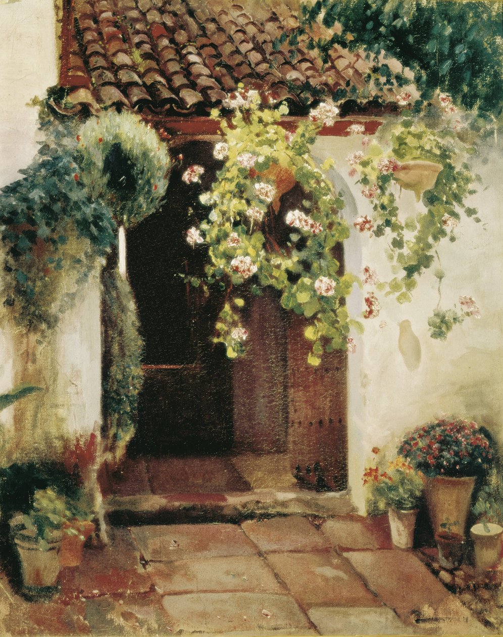 Sisääntulo, jossa pelargoniat (öljy kankaalle) tekijältä Felipe Abarzuza y Rodriguez de Arias