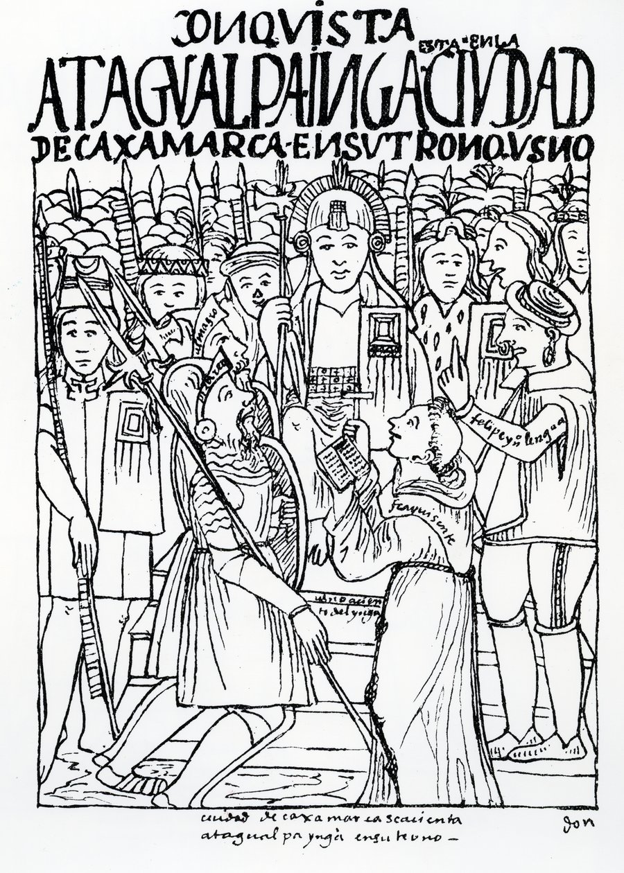 Diego de Almagro, Francisco Pizarro ja pastori Vicente de Valverde polvistumassa Atahualpa Incan edessä Cajamarcassa tekijältä Felipe Huaman Poma de Ayala