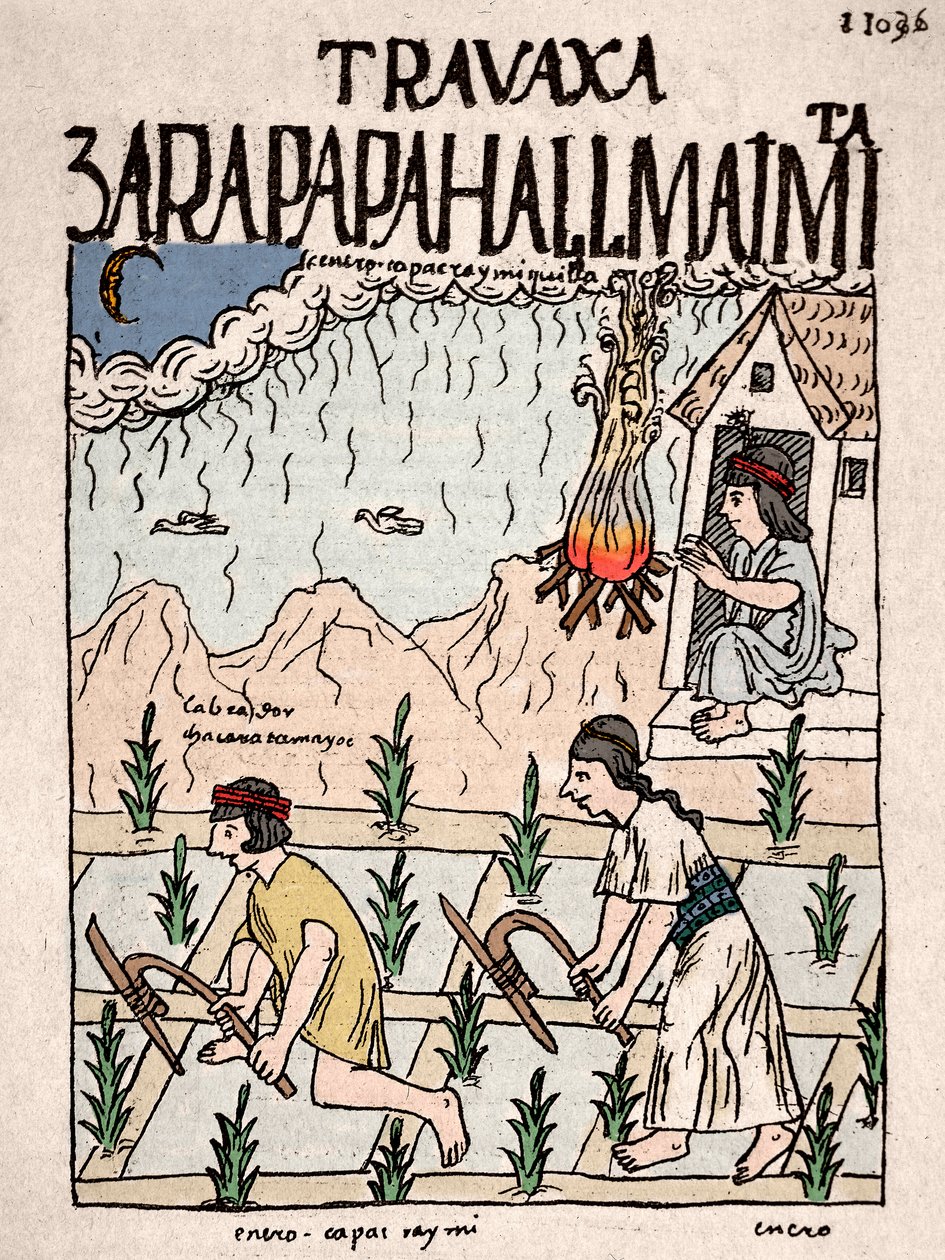 Inka-imperiumi: Intiaanipariskunta Hatun Runa -luokasta työskentelee maata tammikuussa - mustepiirros Don Felipe Puma de Ayalan käsikirjoituksesta "Nueva coronica y buen gobierno", joka havainnollistaa inkojen elämää - 1500-luku (Intialainen pariskunta Hat tekijältä Felipe Huaman Poma de Ayala