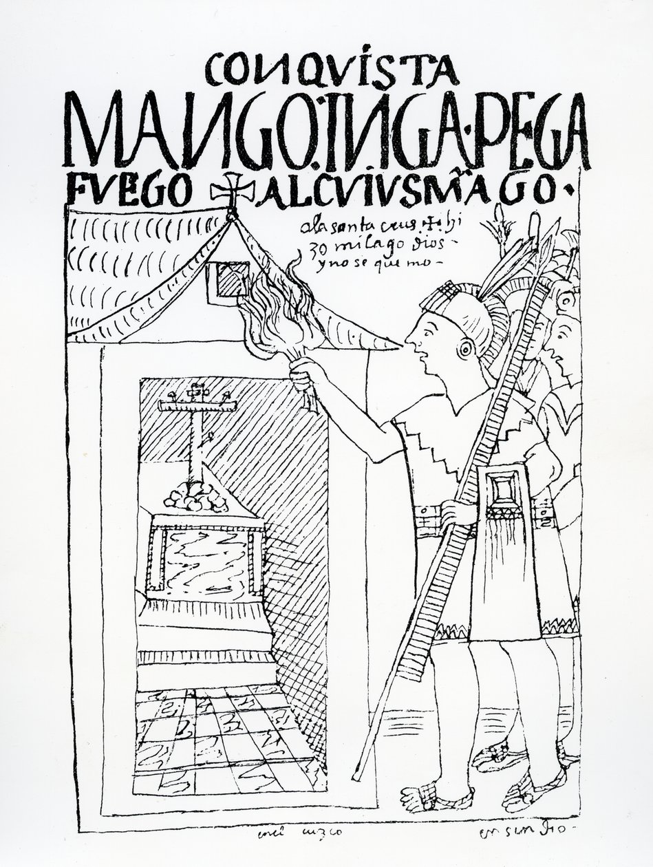Manco Inca yrittää polttaa Cuyus Mangon inkapalatsin, joka oli käännetty kristilliseen palvontaan, mutta Jumala puuttuu asiaan (puupiirros) tekijältä Felipe Huaman Poma de Ayala