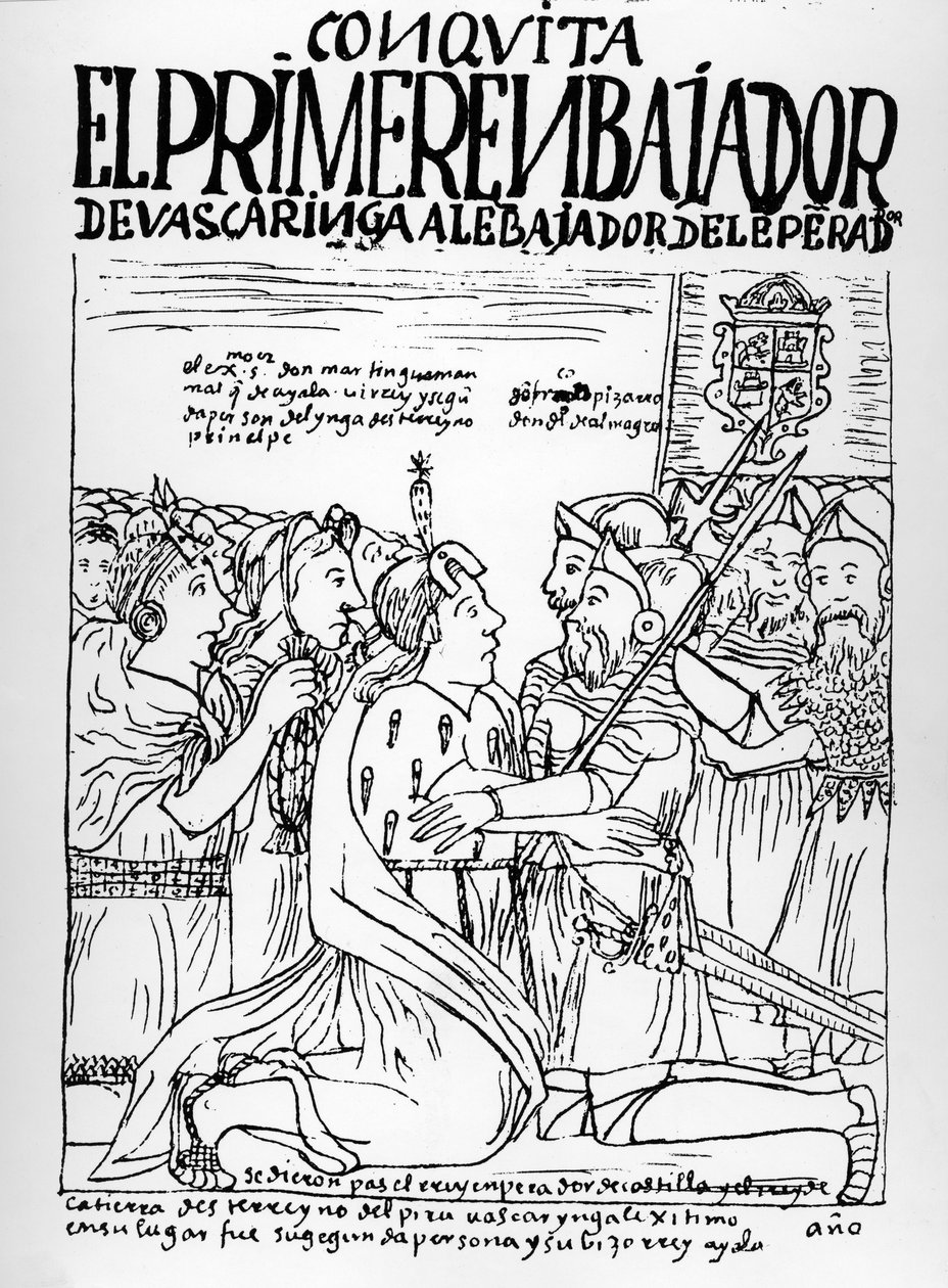 Martin de Ayala tervehtii Francisco Pizarroa ja Diego de Almagroa tekijältä Felipe Huaman Poma de Ayala