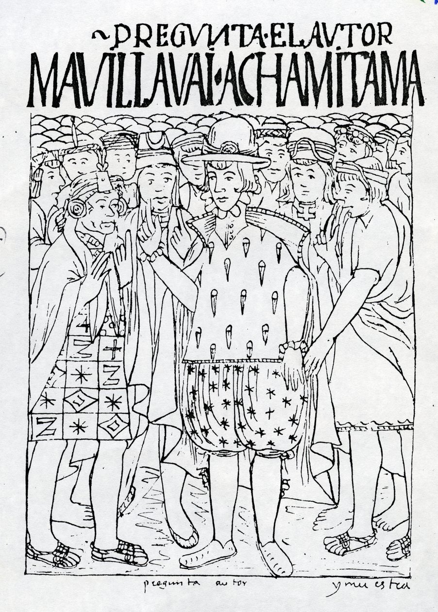 Poma de Ayala tiedustelee muinaisen Perun historiaa. tekijältä Felipe Huaman Poma de Ayala