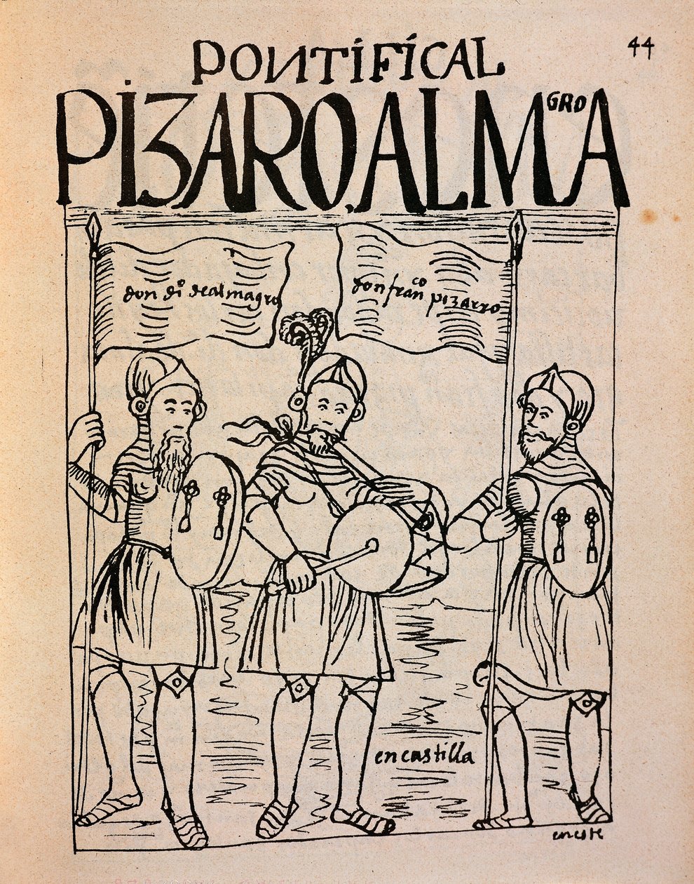 Francisco Pizarron ja luutnantti Diego de Almagron muotokuvia ennen Perun tutkimusmatkaa (mustepiirustus tekijältä Felipe Huaman Poma de Ayala