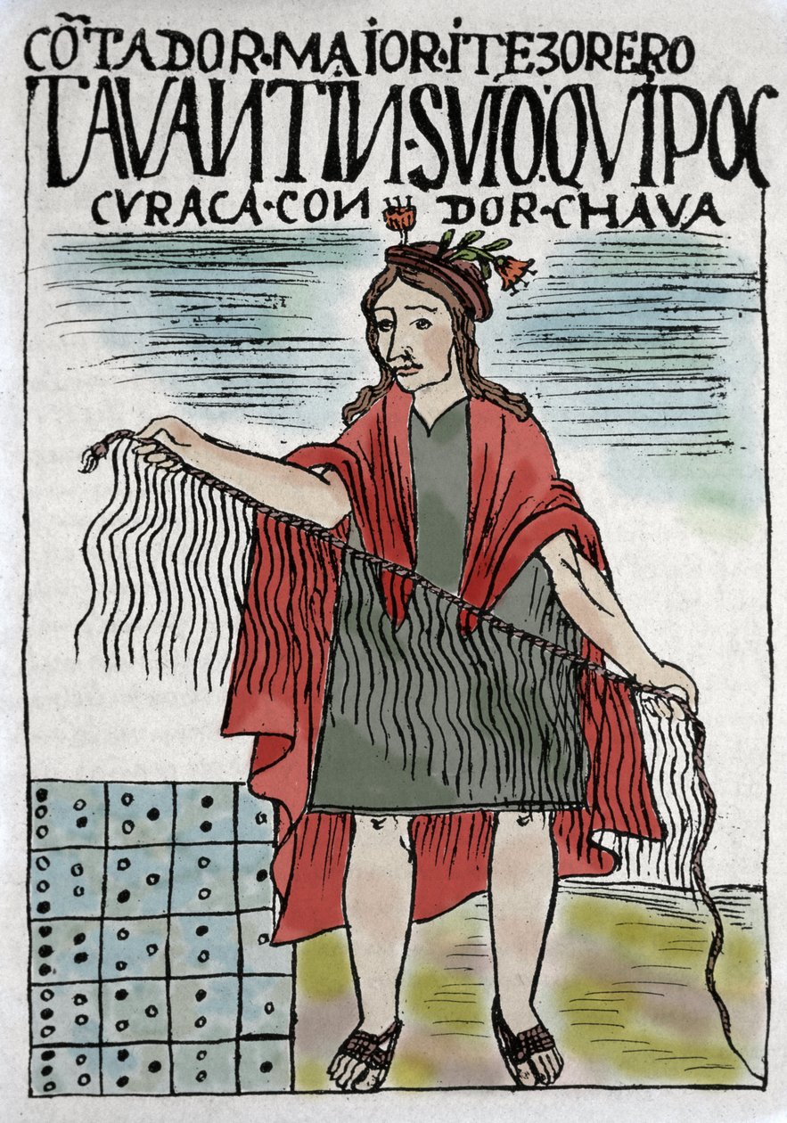 Quipu (Quipo Quipou) Inka-kirjanpitojärjestelmä köydessä ja solmuissa, inkakulttuuri 1400-1532 jKr., käsikirjoitus Felipe Guaman Puma de Ayala (Uusi Chronicle and Good Government), intialainen kolumnisti 1500-luvulla. tekijältä Felipe Huaman Poma de Ayala