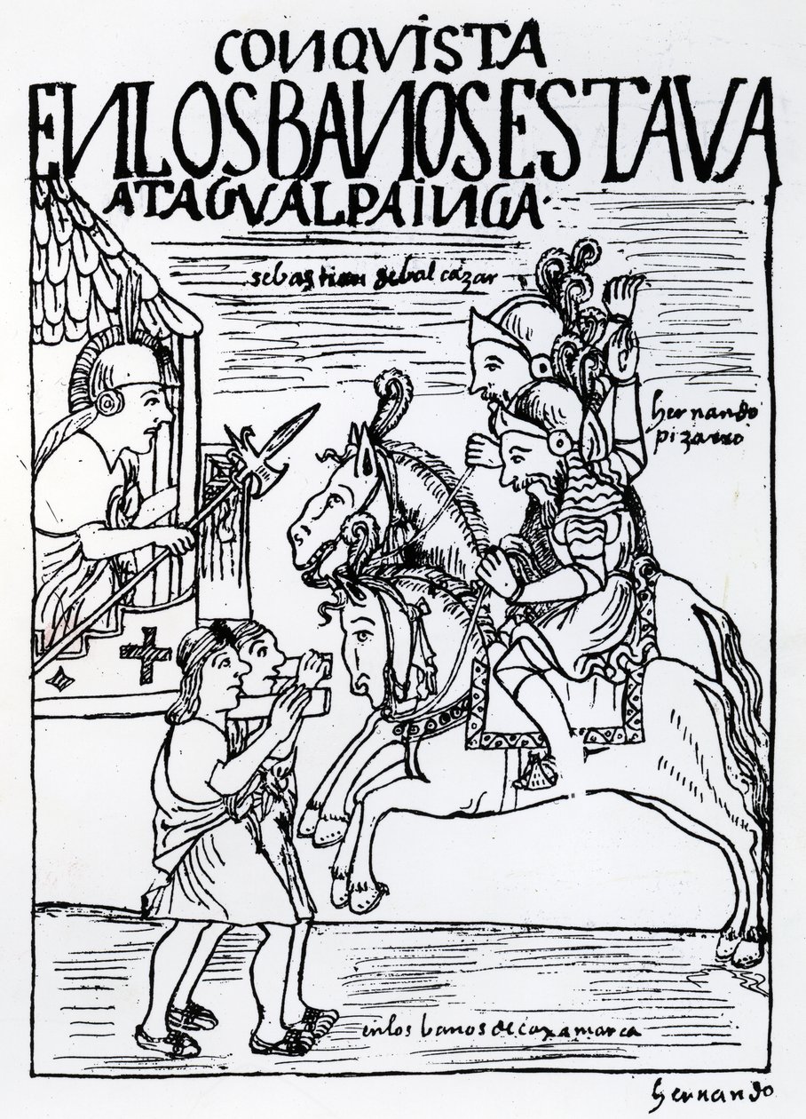Sebastian de Benalcazar ja Hernando Pizarro kohtaavat Atahualpa Incan kuninkaallisessa kylpylässä Cajamarcassa (puupiirros) tekijältä Felipe Huaman Poma de Ayala