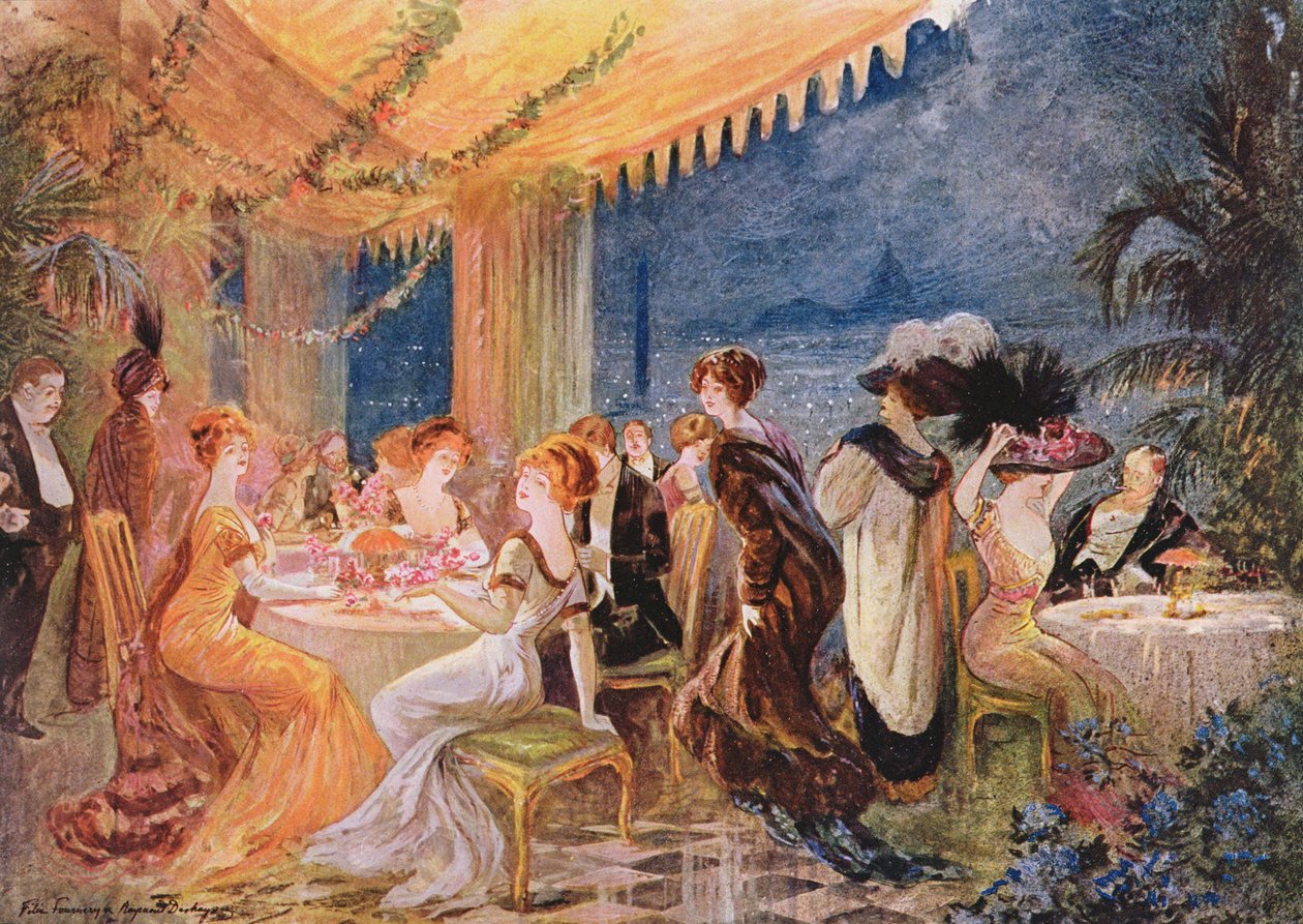 Soiree pariisilaisessa ravintolassa, mainos Furrier Revillonista Le Figaro Illustressa, 1910 tekijältä Felix Fournery