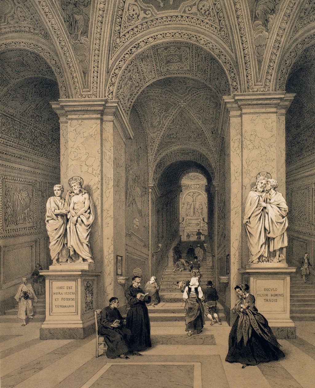 Santi Sanctuaryn pyhä portaikko Roomassa, kuvitus albumilta "Rome dans sa grandeur", 1870 tekijältä Felix Benoist