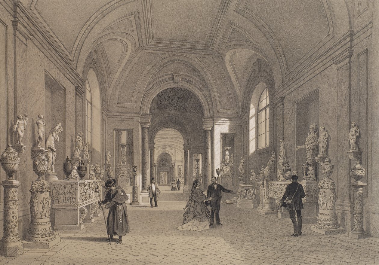 Vatikaanin museot, Kynttelikön galleria, Rooma, kuvitus albumista "Rome dans sa grandeur", kaiverrus Philippe Benoist (s.1813) 1870 tekijältä Felix Benoist