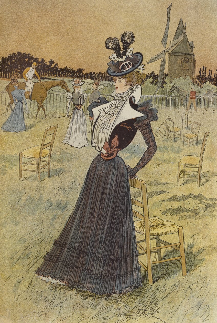 Muotilevy, Longchampissa, kuvitus "La Nouvelle Modesta", 1897 tekijältä Felix Fournery