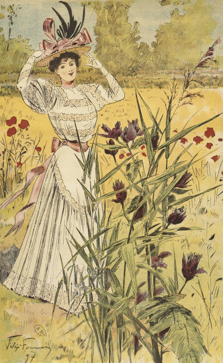 Muotilautanen, maaseudulla, kuvitus teoksesta "La Nouvelle Mode", 1897 (värikaiverrus) tekijältä Felix Fournery