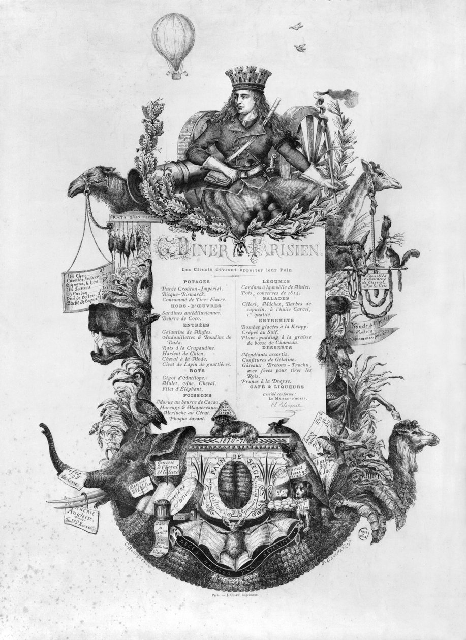 Grand Diner Parisien, menu esillä Pariisin piirityksen aikana, 1870-71 (bw kuva) tekijältä Felix Jean Gauchard