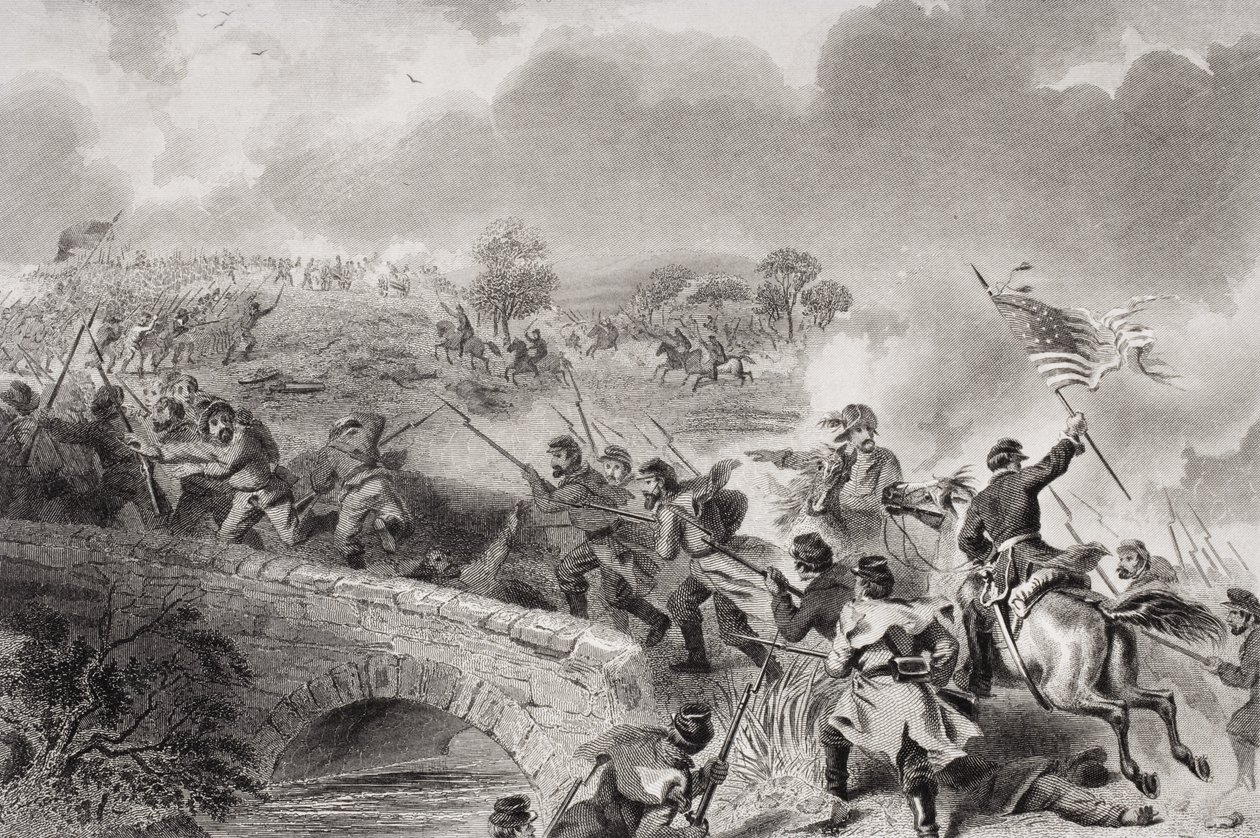 Sillan valtaus Antietam Creekillä Antietamin taistelussa Marylandissa, 1862 tekijältä Felix Octavius Carr Darley