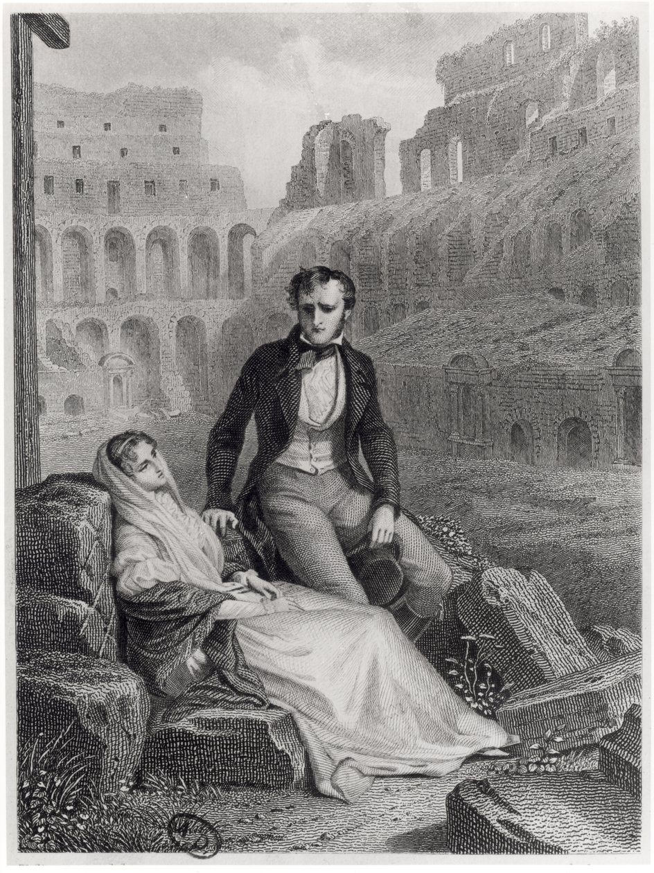 Francois Rene (1768-1848) vicomte de Chateaubriand ja Pauline de Beaumont Colosseumin raunioissa, kuvitus Chateaubriandin kirjasta "Memoires d