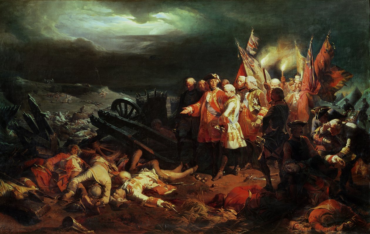 Ludvig XV (1710-74) vierailee Fontenoyn taistelukentällä toukokuussa 1745. tekijältä Felix Philippoteaux