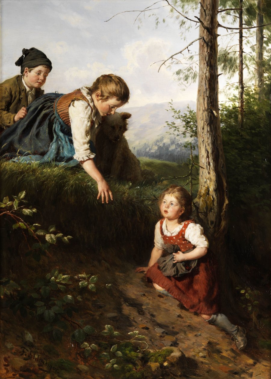 Drei Kinder im Wald beim Beerenpflücken tekijältä Felix Schlesinger